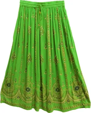 Tie Dye Yoga Trend Women's Sequined Crinkle Broomstick Gypsy Long Skirt (Parrot Green)