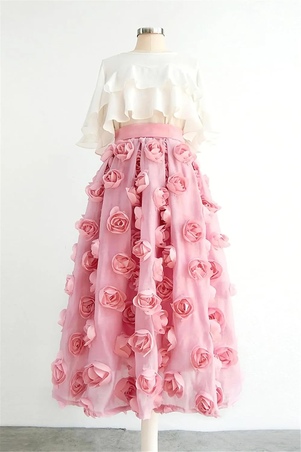 Trend Fashion Elegant Women Luxury High Waist Floral Pleated Midi Fluffy Tulle Feathered Skirt