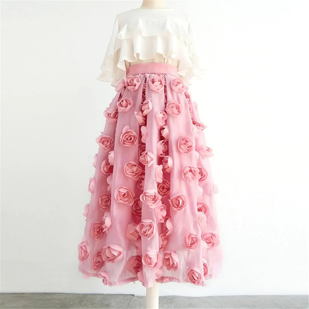 Trend Fashion Elegant Women Luxury High Waist Floral Pleated Midi Fluffy Tulle Feathered Skirt