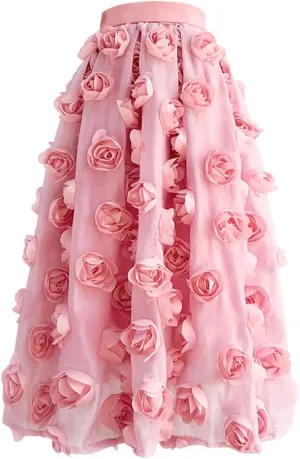 Trend Fashion Elegant Women Luxury High Waist Floral Pleated Midi Fluffy Tulle Feathered Skirt