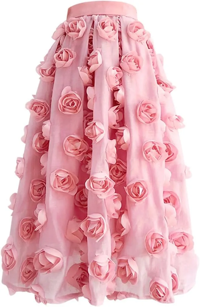 Trend Fashion Elegant Women Luxury High Waist Floral Pleated Midi Fluffy Tulle Feathered Skirt