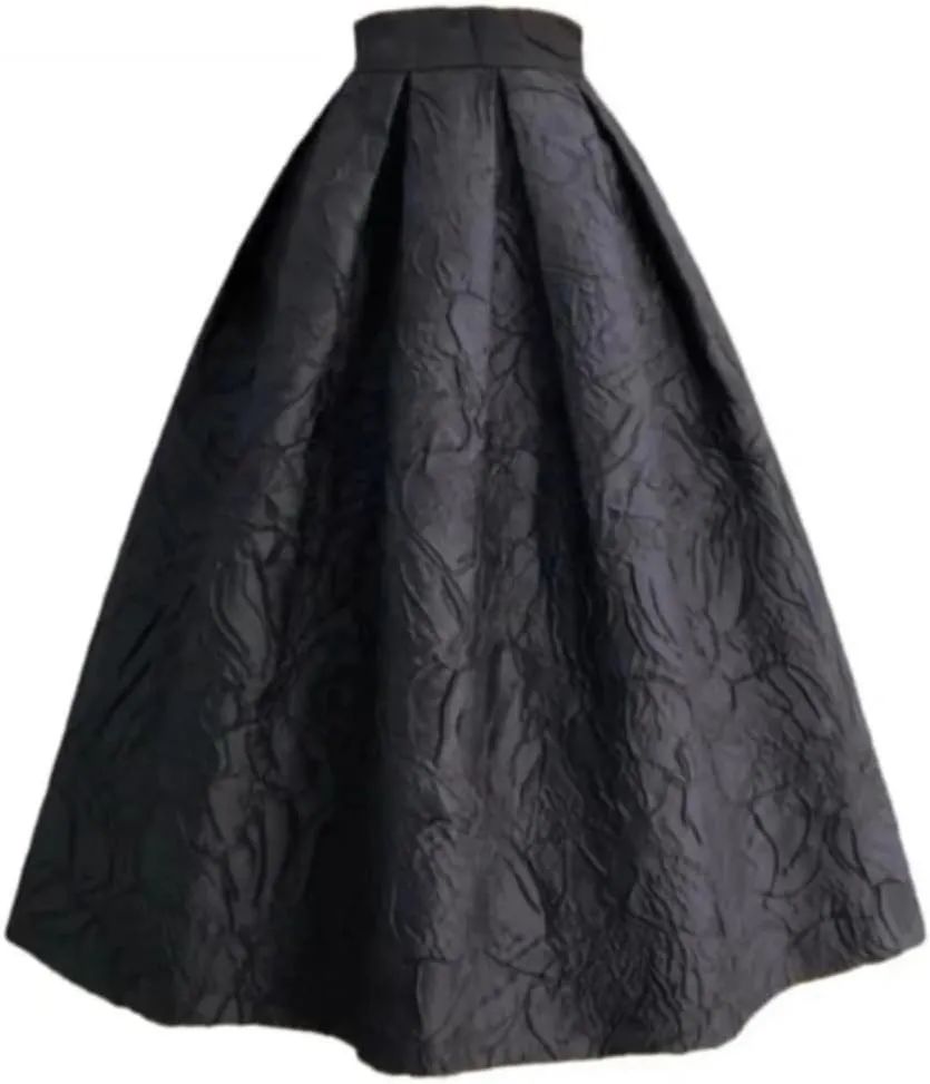 Trend Korean Style Women's Autumn Winter Vintage Elegant High Waist Pleated Long Midi Black Skirt Work Wear