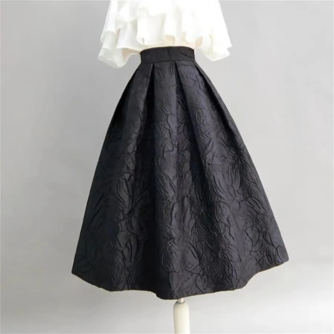 Trend Korean Style Women's Autumn Winter Vintage Elegant High Waist Pleated Long Midi Black Skirt Work Wear