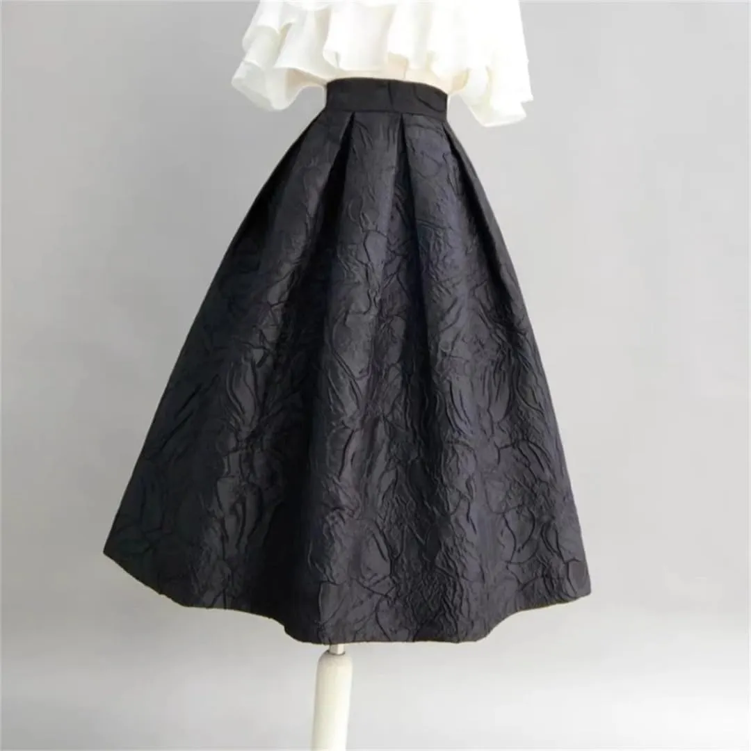 Trend Korean Style Women's Autumn Winter Vintage Elegant High Waist Pleated Long Midi Black Skirt Work Wear