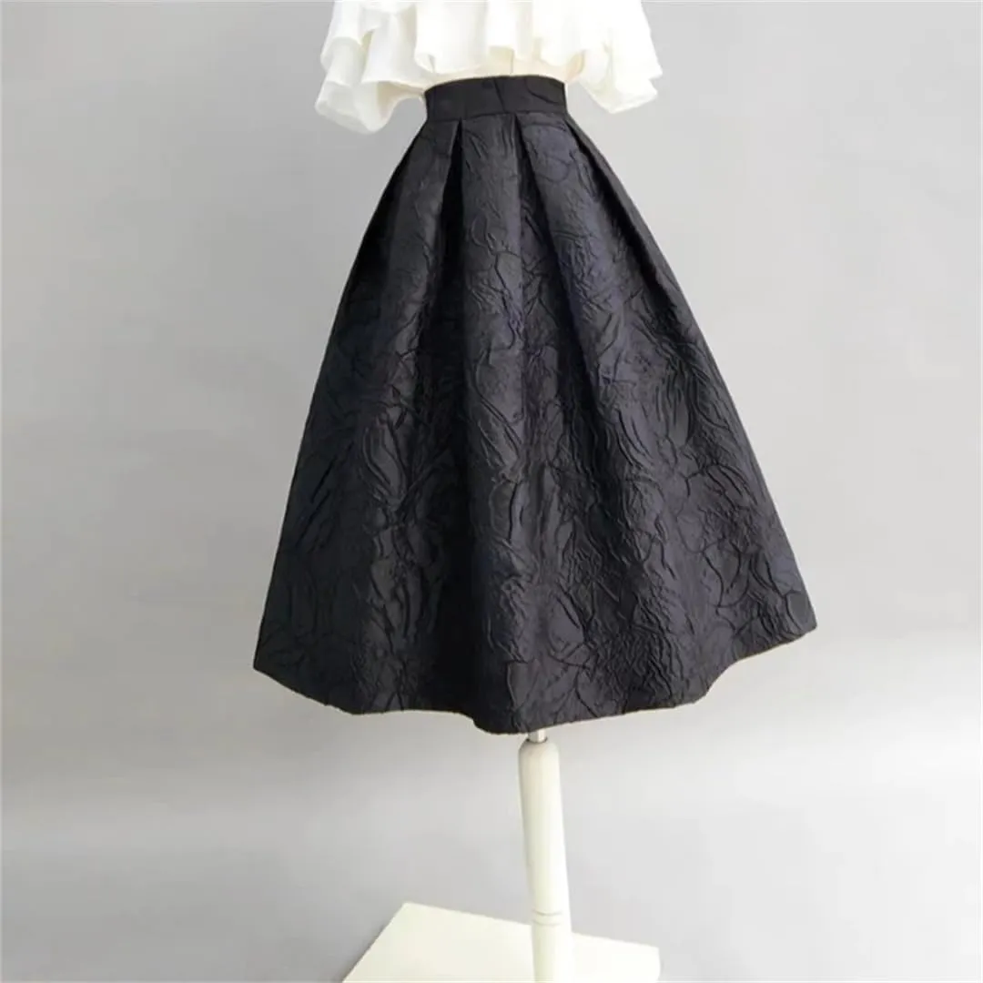 Trend Korean Style Women's Autumn Winter Vintage Elegant High Waist Pleated Long Midi Black Skirt Work Wear