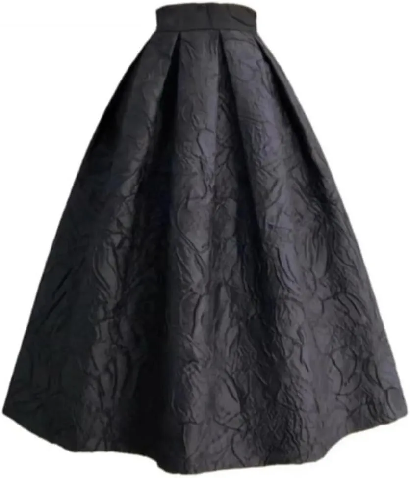 Trend Korean Style Women's Autumn Winter Vintage Elegant High Waist Pleated Long Midi Black Skirt Work Wear