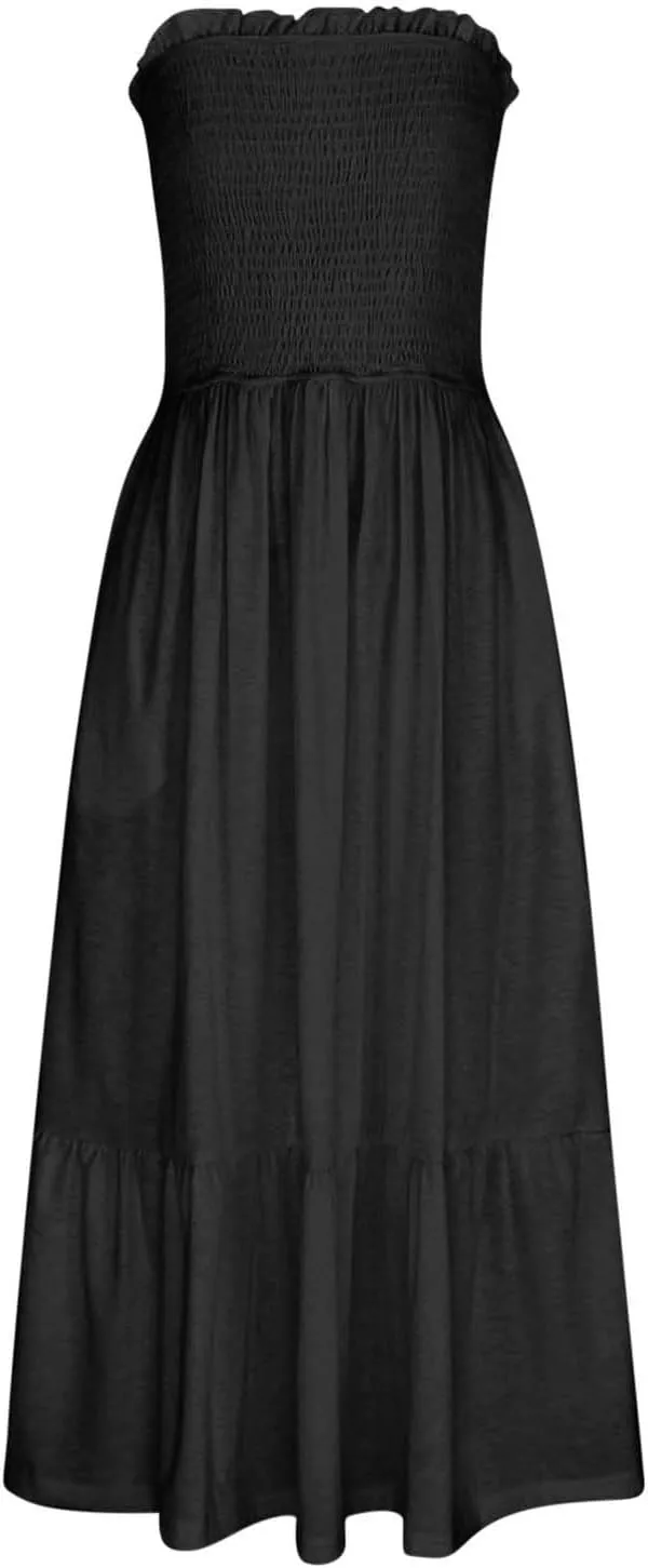 Tube Top Dress for Women Summer Solid Strapless Smocked Off Shoulder Boho Beach Dress Flowy Ruffle Long Maxi Dresses