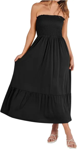Tube Top Dress for Women Summer Solid Strapless Smocked Off Shoulder Boho Beach Dress Flowy Ruffle Long Maxi Dresses