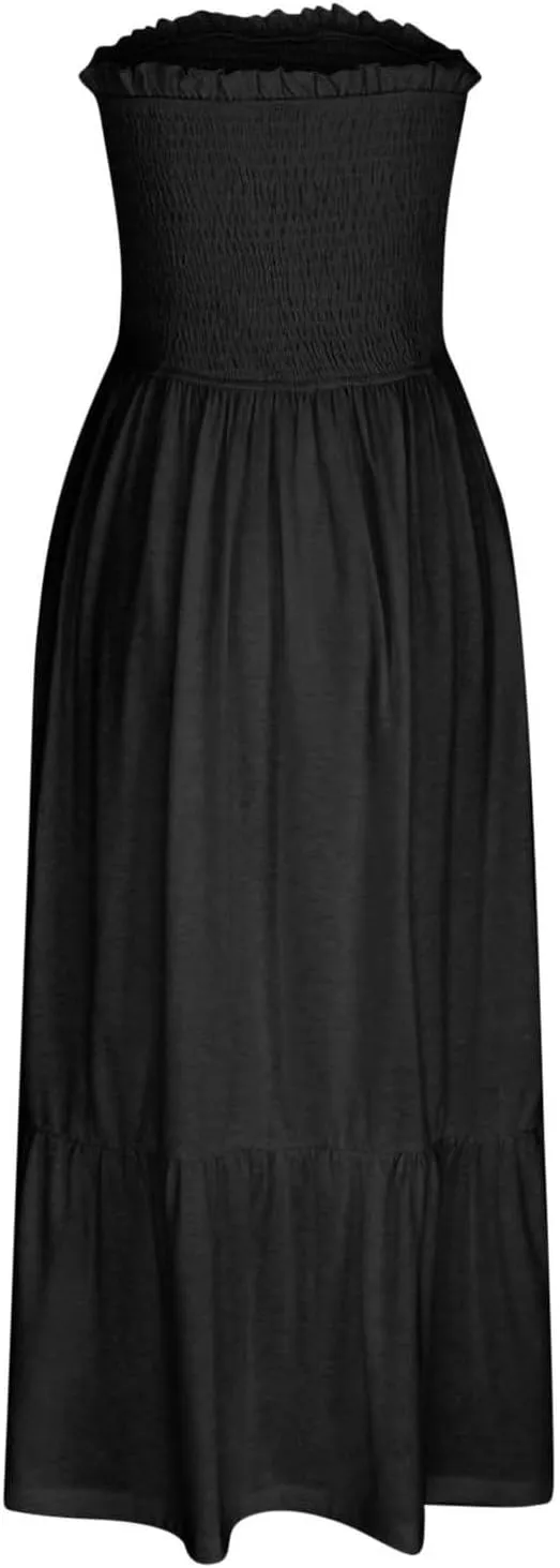 Tube Top Dress for Women Summer Solid Strapless Smocked Off Shoulder Boho Beach Dress Flowy Ruffle Long Maxi Dresses