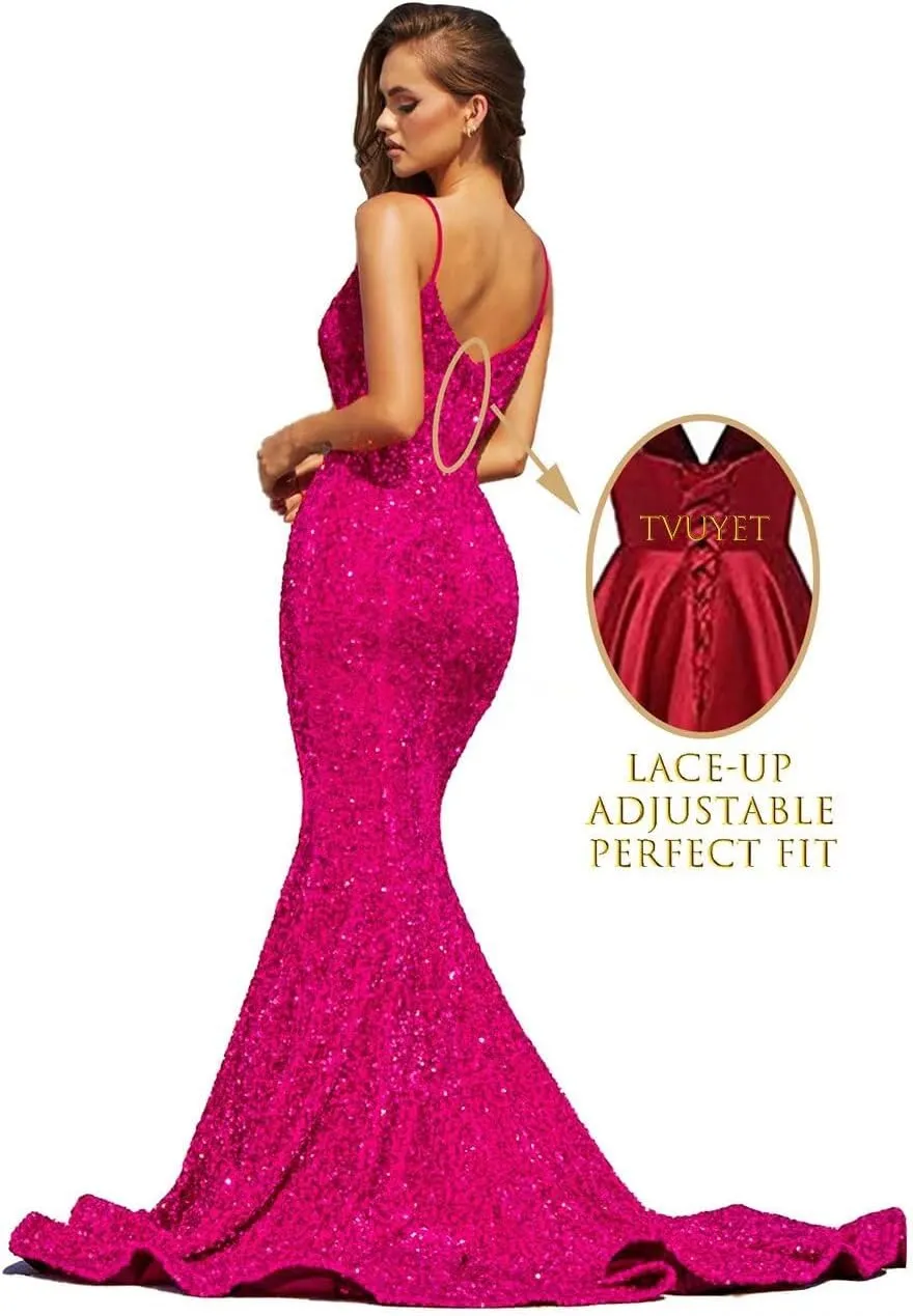Tvuyet Sparkly Mermaid Prom Dresses for Women Long Spaghetti Straps Gitter Sequin Formal Evening Gowns with Train