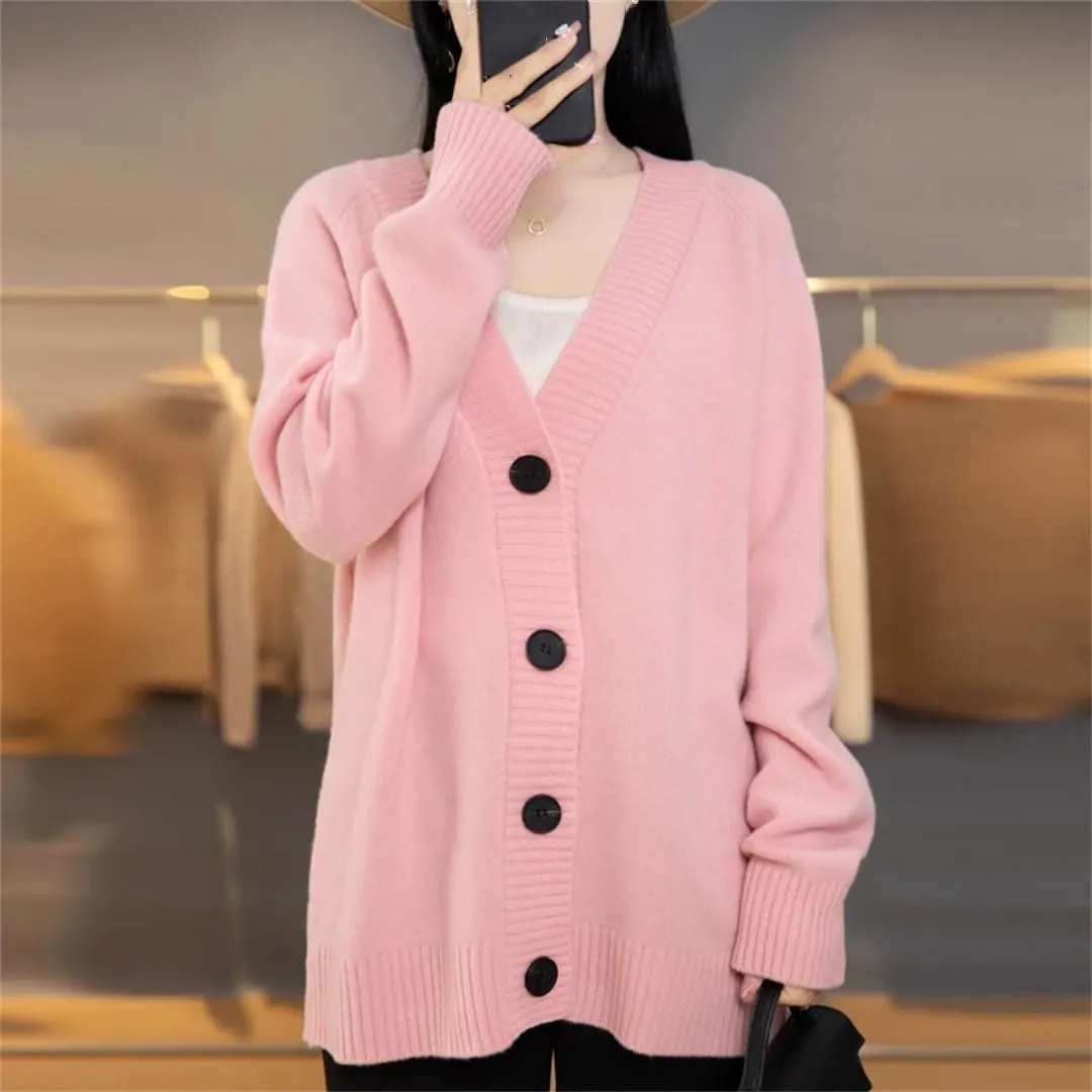 V-Neck Wool Cardigan Sweater Women Autumn Winter Long Sleeve Tops Solid Loose Warm Knitted Coat