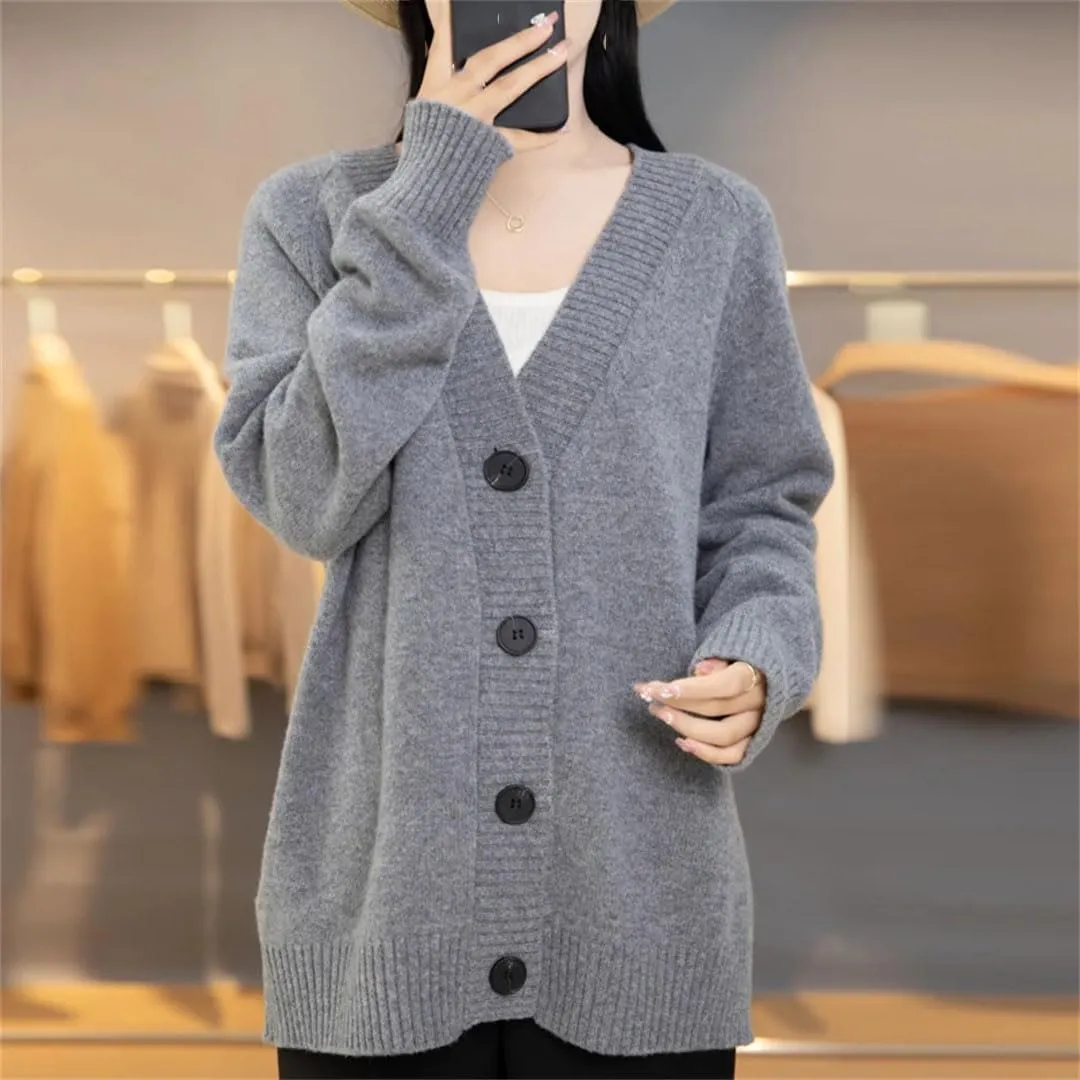 V-Neck Wool Cardigan Sweater Women Autumn Winter Long Sleeve Tops Solid Loose Warm Knitted Coat