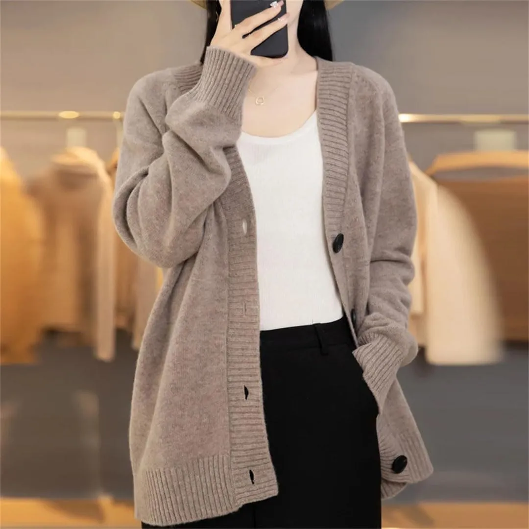V-Neck Wool Cardigan Sweater Women Autumn Winter Long Sleeve Tops Solid Loose Warm Knitted Coat