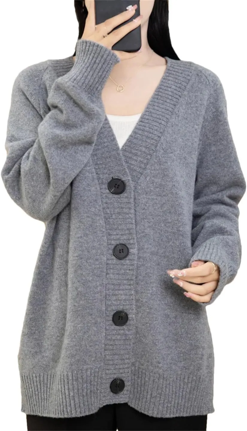 V-Neck Wool Cardigan Sweater Women Autumn Winter Long Sleeve Tops Solid Loose Warm Knitted Coat