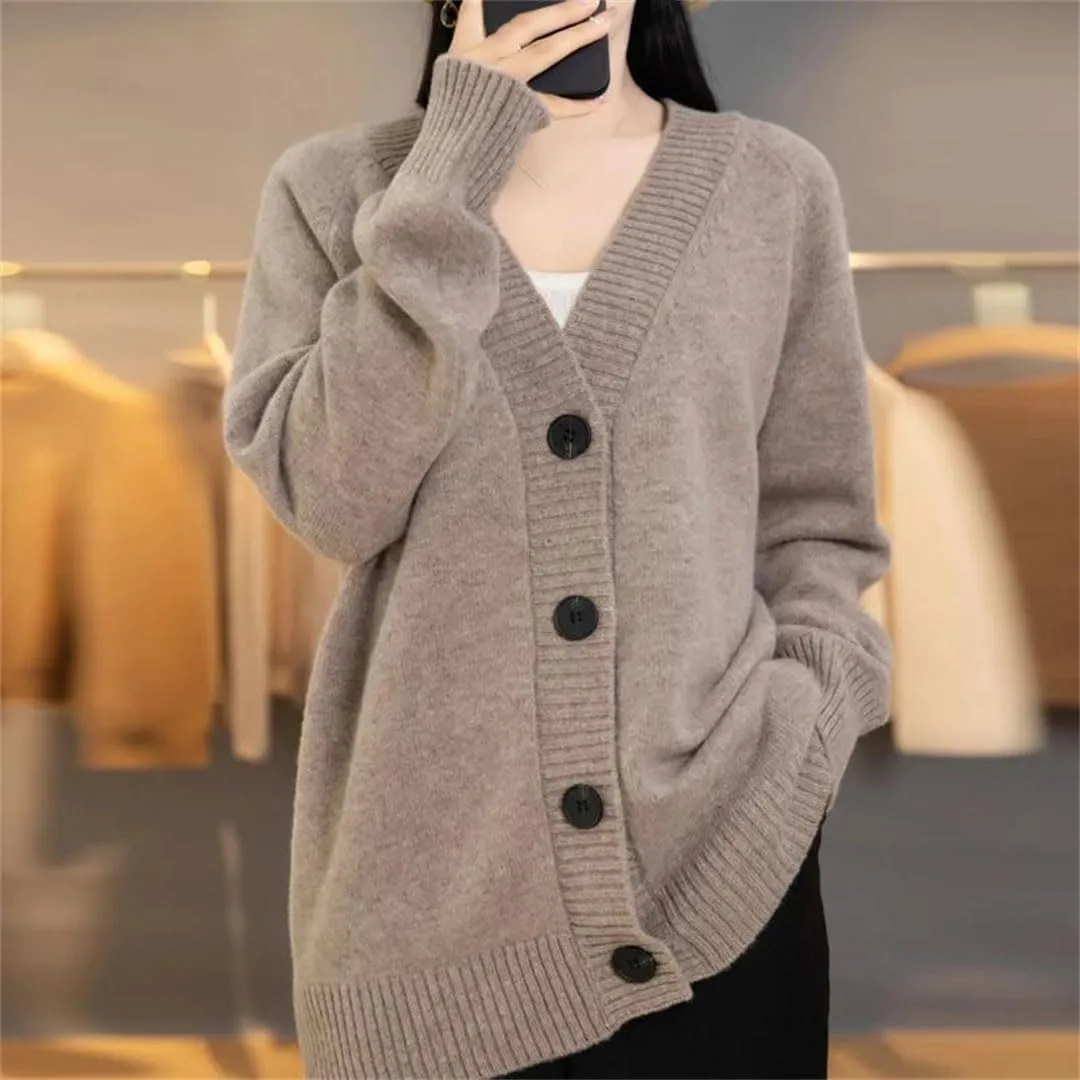 V-Neck Wool Cardigan Sweater Women Autumn Winter Long Sleeve Tops Solid Loose Warm Knitted Coat