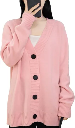 V-Neck Wool Cardigan Sweater Women Autumn Winter Long Sleeve Tops Solid Loose Warm Knitted Coat
