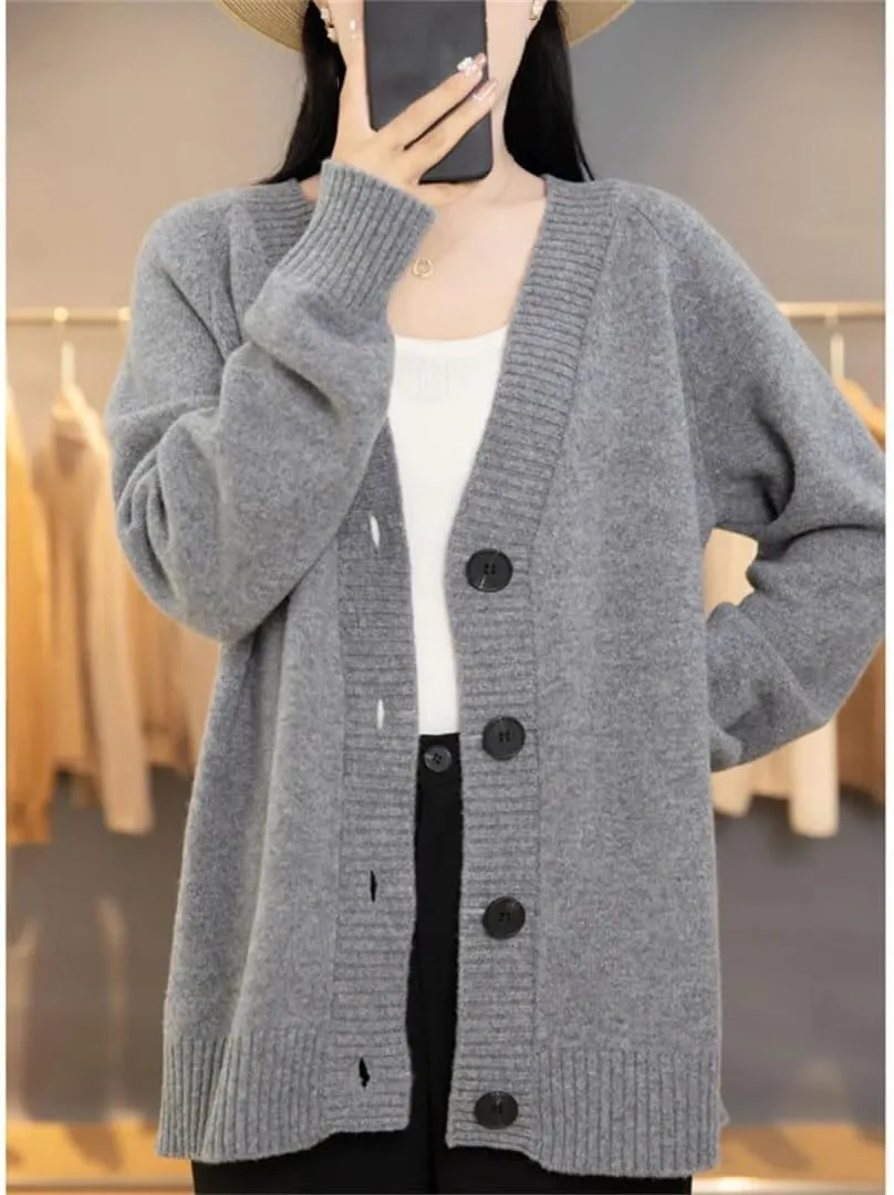V-Neck Wool Cardigan Sweater Women Autumn Winter Long Sleeve Tops Solid Loose Warm Knitted Coat