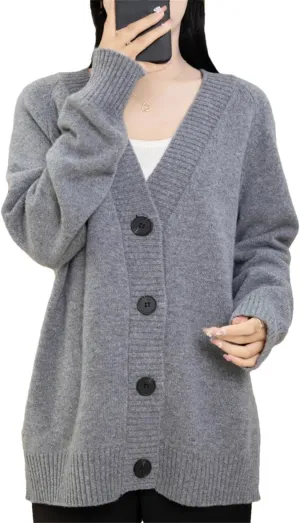 V-Neck Wool Cardigan Sweater Women Autumn Winter Long Sleeve Tops Solid Loose Warm Knitted Coat