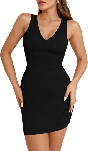 Valiamcep Womens V Neck Summer Sleeveless Sundress Casual Ribbed Knit Tank Dress Sexy Bodycon Mini Dress