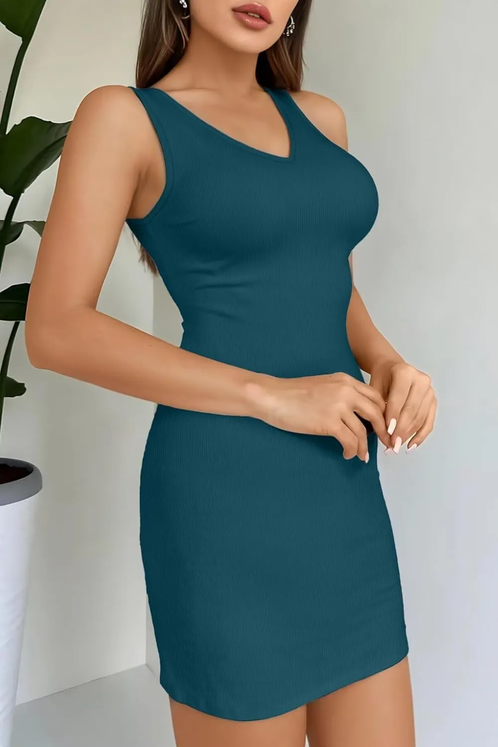 Valiamcep Womens V Neck Summer Sleeveless Sundress Casual Ribbed Knit Tank Dress Sexy Bodycon Mini Dress