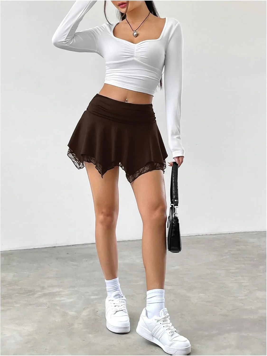 Verdusa Women's Asymmetrical Lace Mini Skirt Skort Gothic Elastic Waist Pleated Athletic Short Skirts