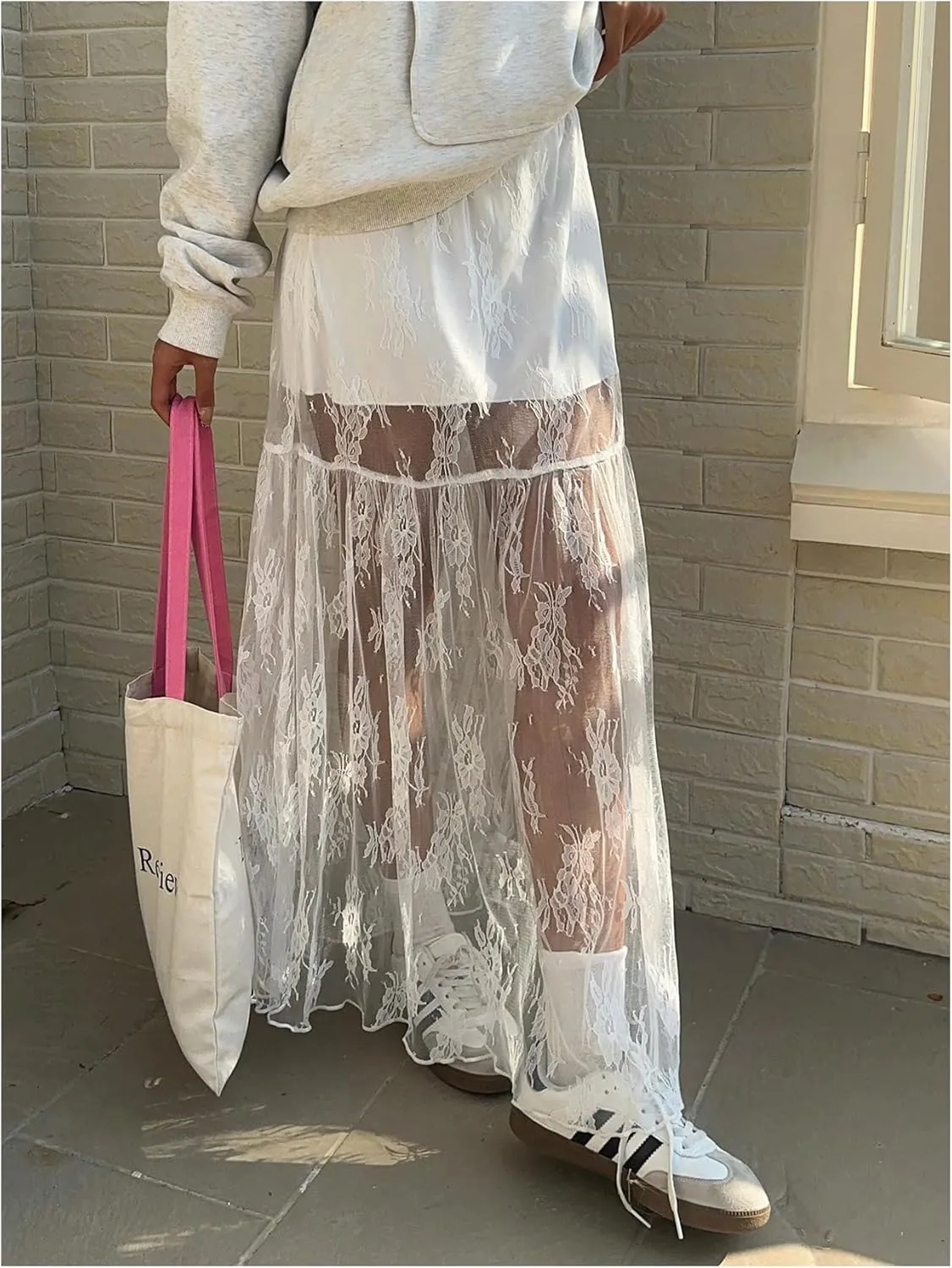 Verdusa Women's Plus Size Boho Western Lace Sheer Maxi Skirt A Line Flowy Skirts