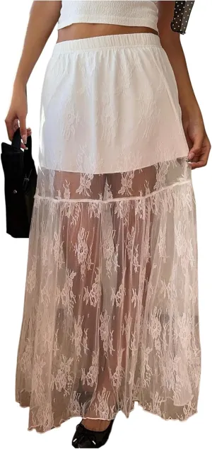 Verdusa Women's Plus Size Boho Western Lace Sheer Maxi Skirt A Line Flowy Skirts