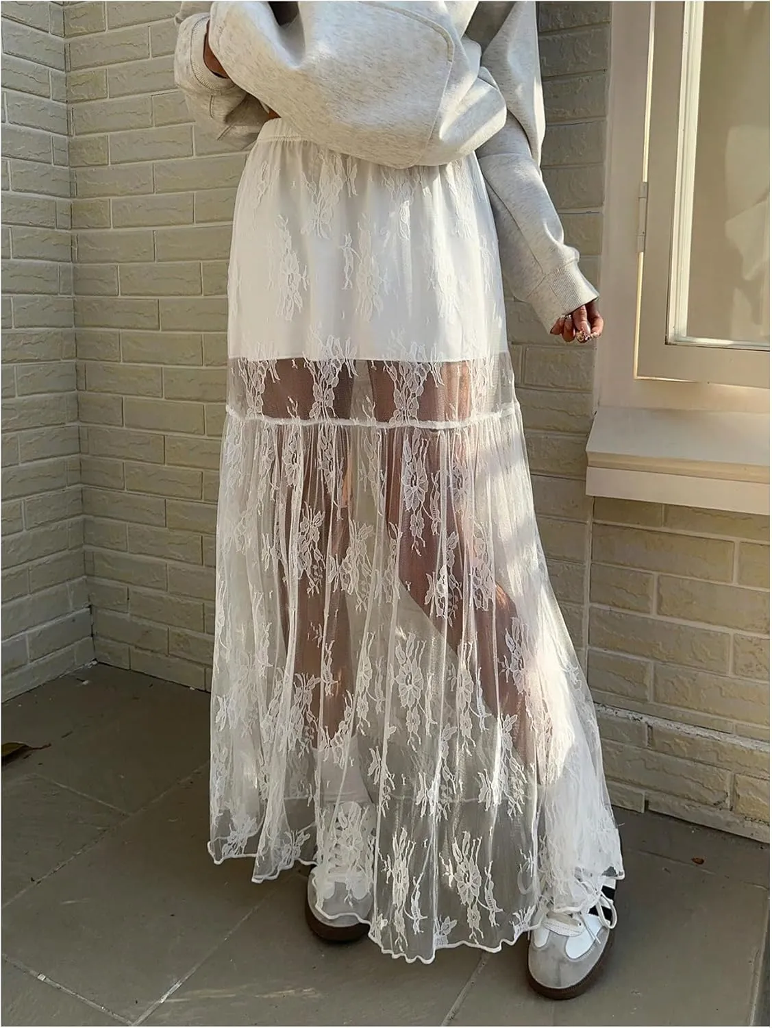 Verdusa Women's Plus Size Boho Western Lace Sheer Maxi Skirt A Line Flowy Skirts