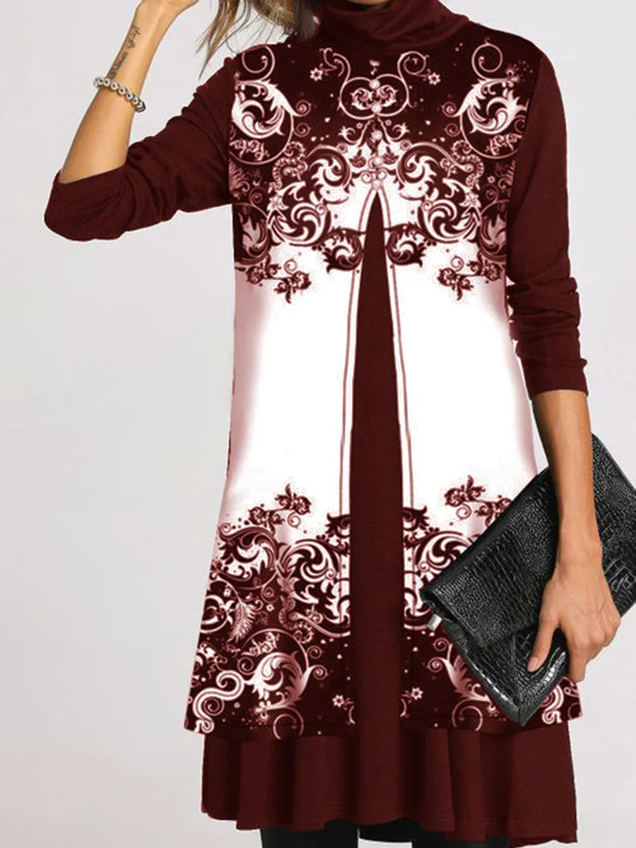 Warm Ceramic Pattern Loose Long Sleeve Casual Dress