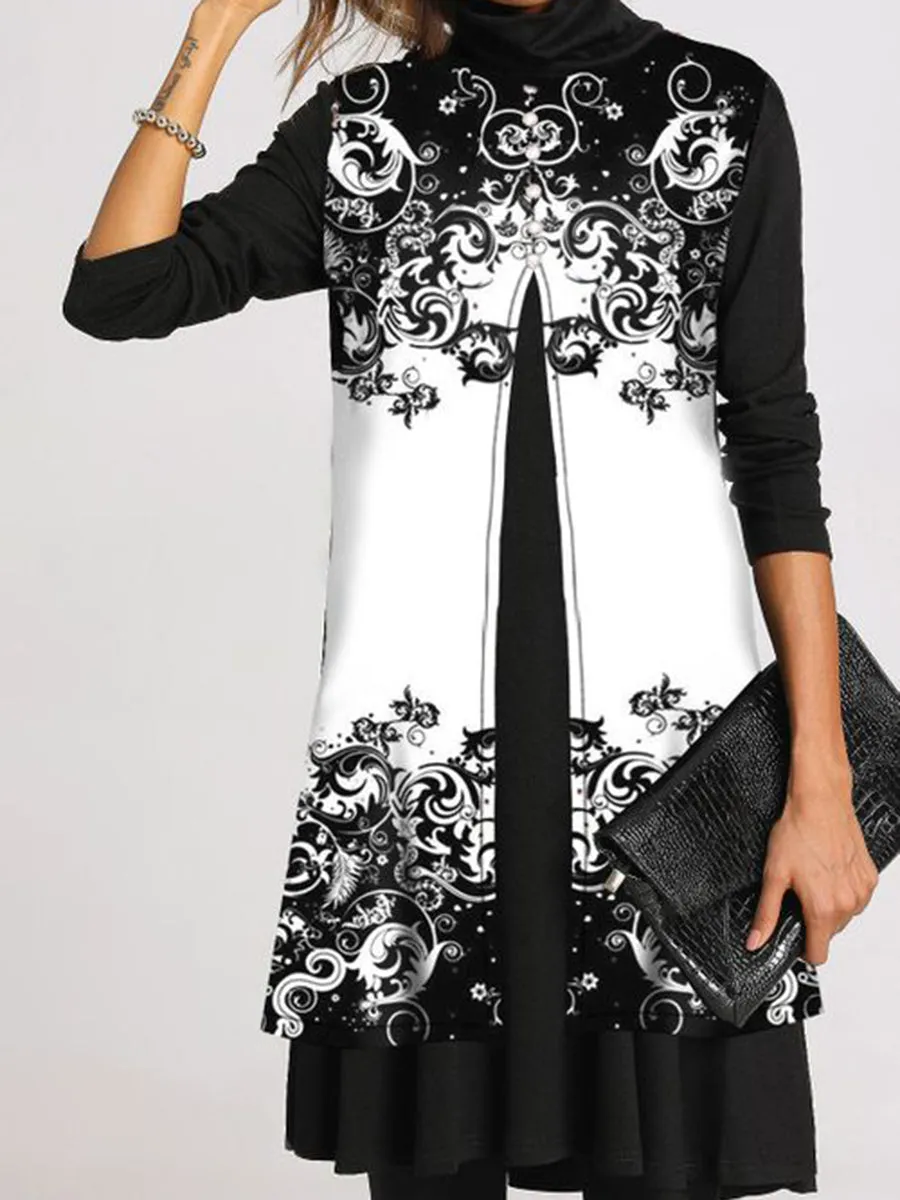 Warm Ceramic Pattern Loose Long Sleeve Casual Dress