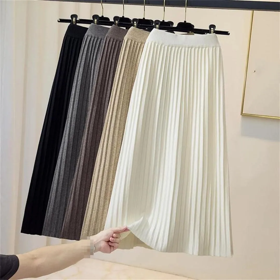 Warm Knitted Long Skirt for Women Fall Winter Casual A Line High Waist Pleated Midi Skirt