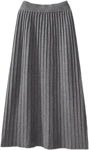 Warm Knitted Long Skirt for Women Fall Winter Casual A Line High Waist Pleated Midi Skirt
