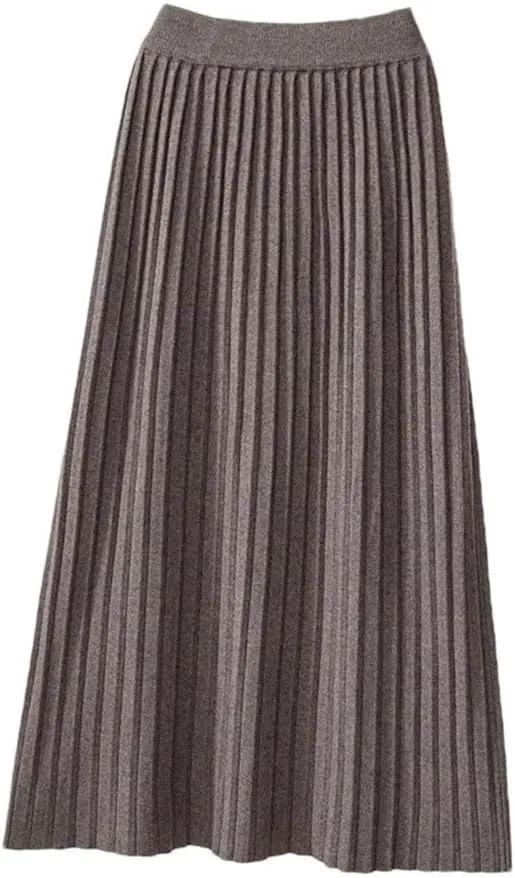 Warm Knitted Long Skirt for Women Fall Winter Casual A Line High Waist Pleated Midi Skirt