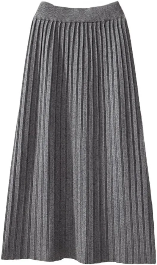 Warm Knitted Long Skirt for Women Fall Winter Casual A Line High Waist Pleated Midi Skirt