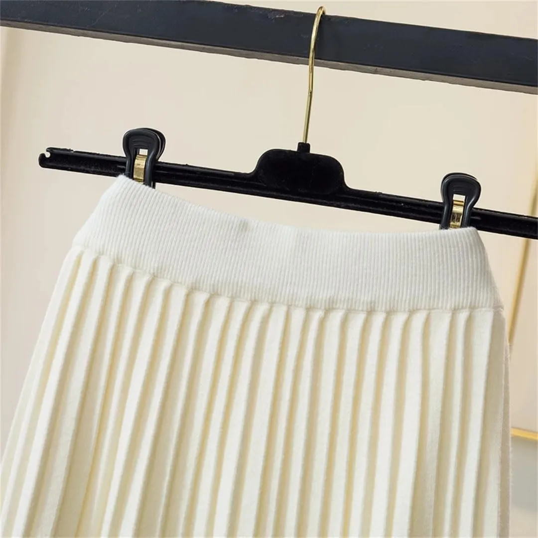 Warm Knitted Long Skirt for Women Fall Winter Casual A Line High Waist Pleated Midi Skirt