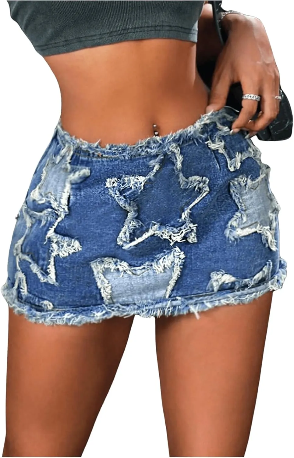 WDIRARA Women's Star Pattern Ripped Raw Hem Bodycon Pencil Skirts Slim Fit Y2K Cheeky Denim Hip Skirt