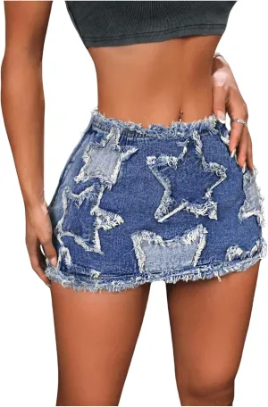 WDIRARA Women's Star Pattern Ripped Raw Hem Bodycon Pencil Skirts Slim Fit Y2K Cheeky Denim Hip Skirt