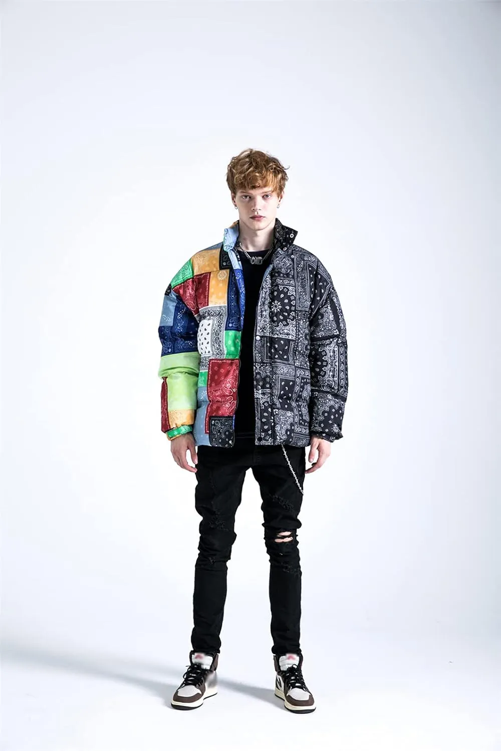 Winter Cotton Parka Men Trend Printed Stitching Color Streetwear Harajuku Warm Thick Zipper Padded Jacket Coat