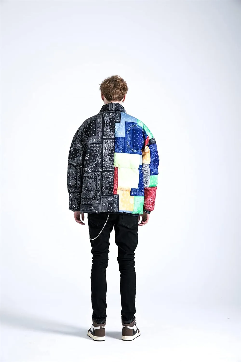 Winter Cotton Parka Men Trend Printed Stitching Color Streetwear Harajuku Warm Thick Zipper Padded Jacket Coat