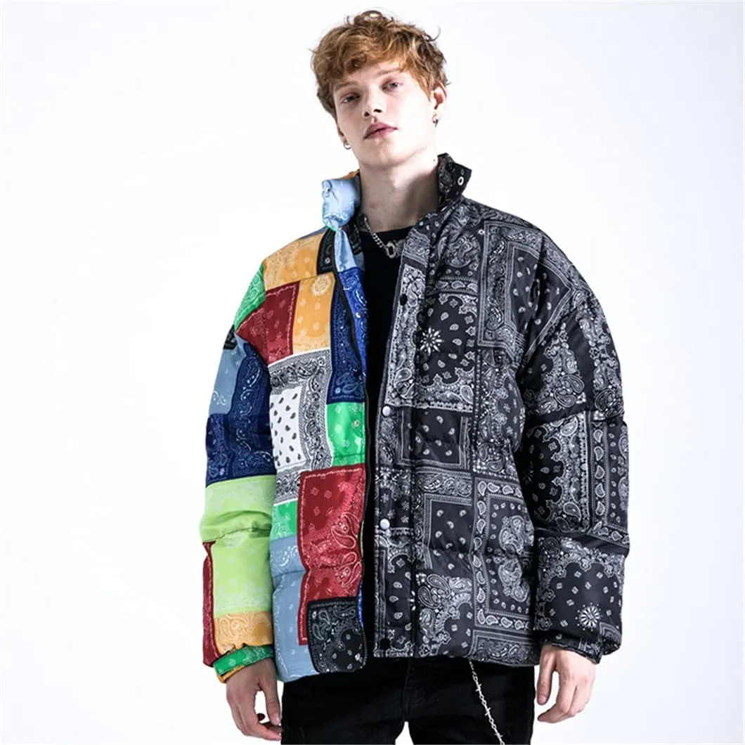 Winter Cotton Parka Men Trend Printed Stitching Color Streetwear Harajuku Warm Thick Zipper Padded Jacket Coat