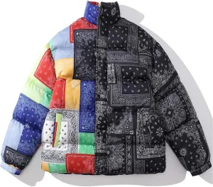 Winter Cotton Parka Men Trend Printed Stitching Color Streetwear Harajuku Warm Thick Zipper Padded Jacket Coat