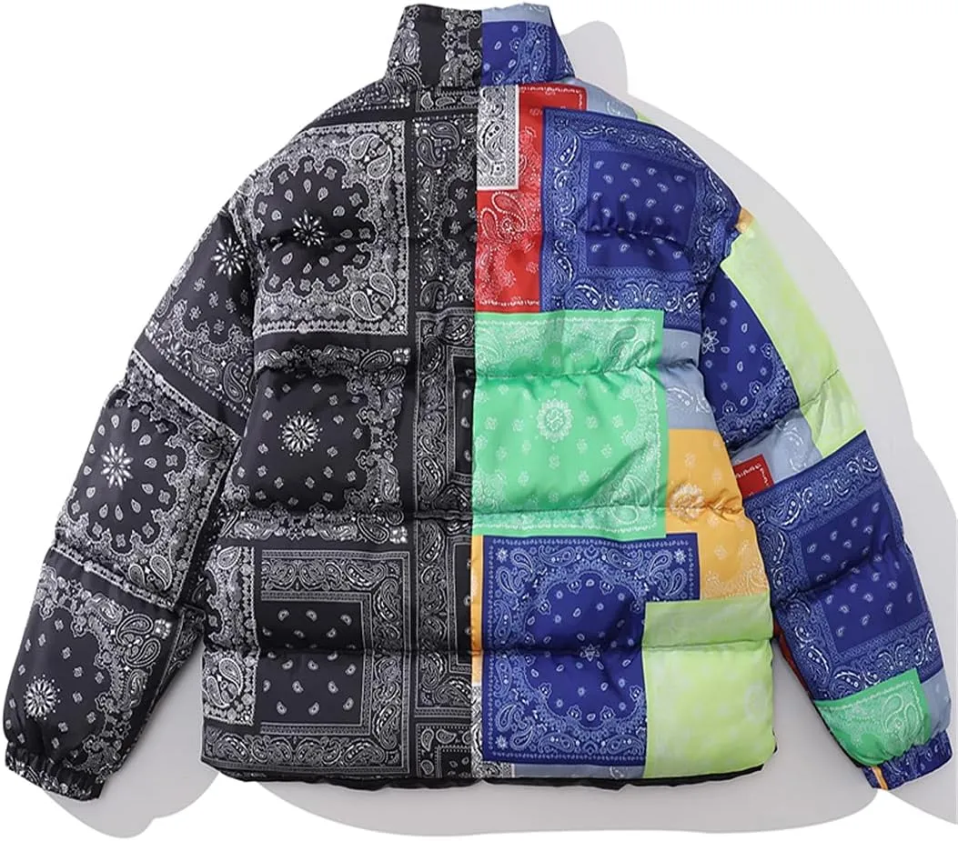 Winter Cotton Parka Men Trend Printed Stitching Color Streetwear Harajuku Warm Thick Zipper Padded Jacket Coat