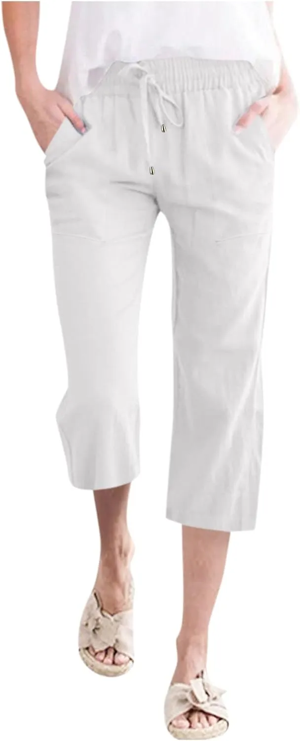 Women Capris Summer Cotton Linen Pants Casual Loose Lightweight Elastic Waisted Cropped Trouser Beach Pants
