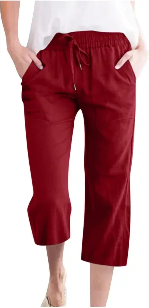 Women Capris Summer Cotton Linen Pants Casual Loose Lightweight Elastic Waisted Cropped Trouser Beach Pants