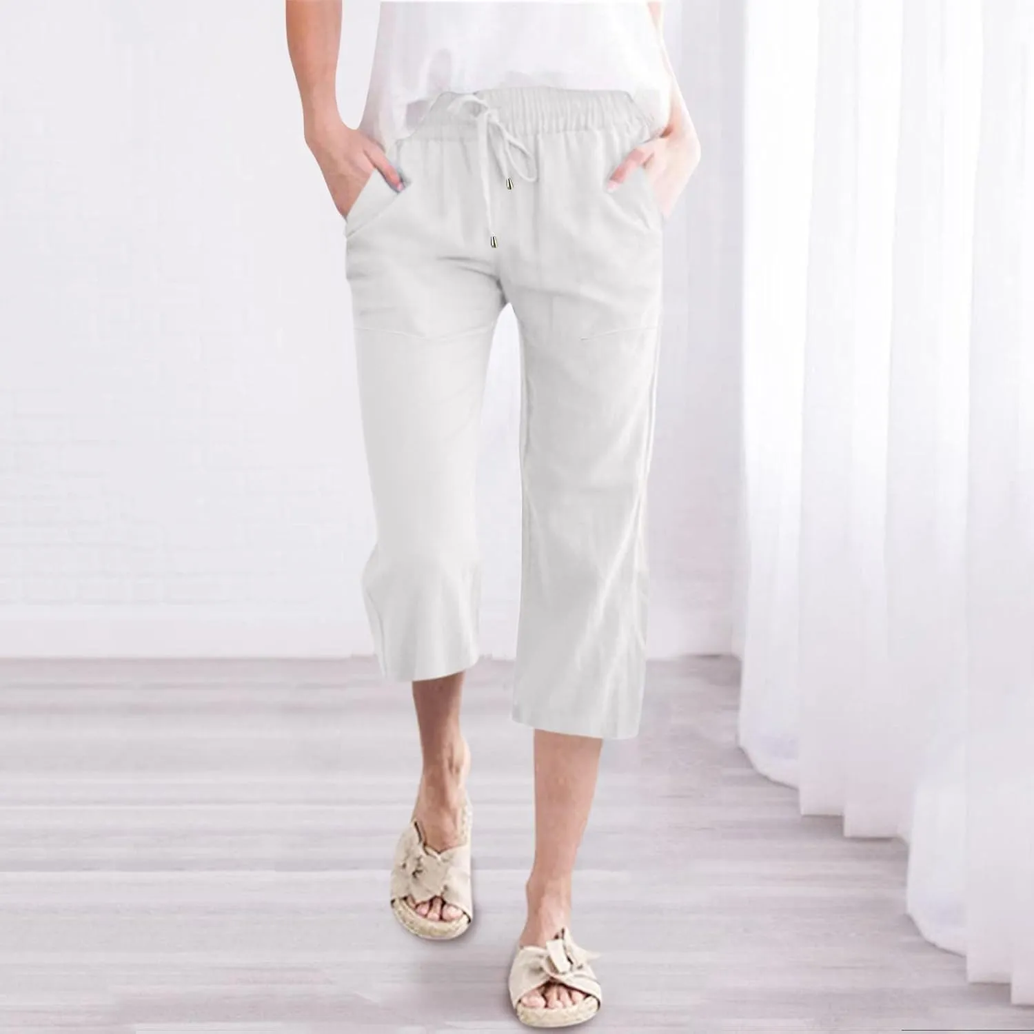Women Capris Summer Cotton Linen Pants Casual Loose Lightweight Elastic Waisted Cropped Trouser Beach Pants