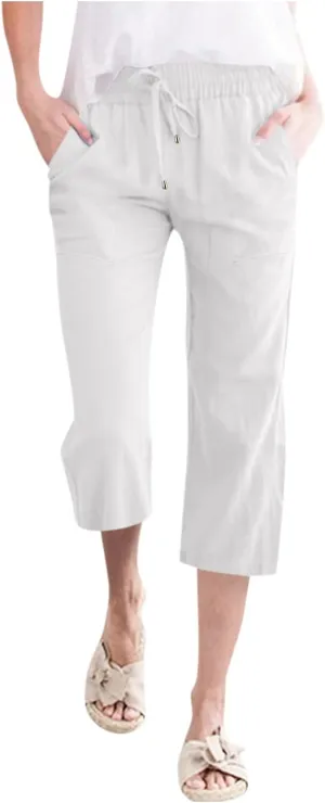 Women Capris Summer Cotton Linen Pants Casual Loose Lightweight Elastic Waisted Cropped Trouser Beach Pants