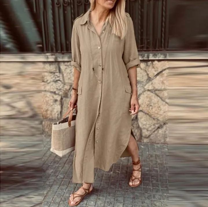 Women Casual Long Sleeve Button Down Slit Maxi Shirt Dress Cotton Linen Flowy Beach Shift Dress with Pocket