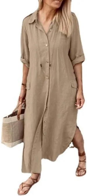 Women Casual Long Sleeve Button Down Slit Maxi Shirt Dress Cotton Linen Flowy Beach Shift Dress with Pocket