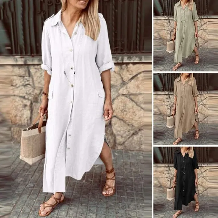 Women Casual Long Sleeve Button Down Slit Maxi Shirt Dress Cotton Linen Flowy Beach Shift Dress with Pocket