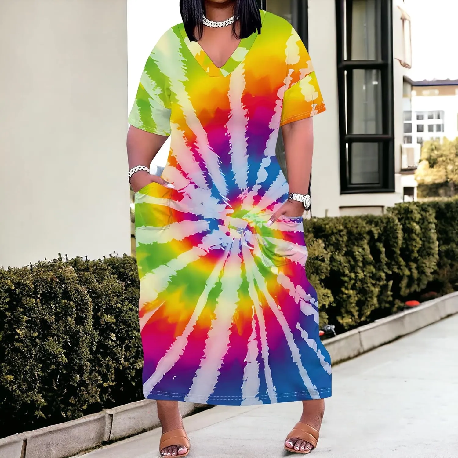 Women Casual T-Shirt Dress V Neck Short Sleeve with Front Two Pockets Solid Color Oversize Dresses